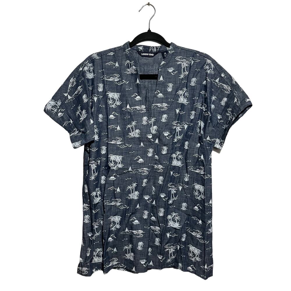 Lands' End Palm Tree Sailboats Shirt Women's Size M Short Sleeve V Neck